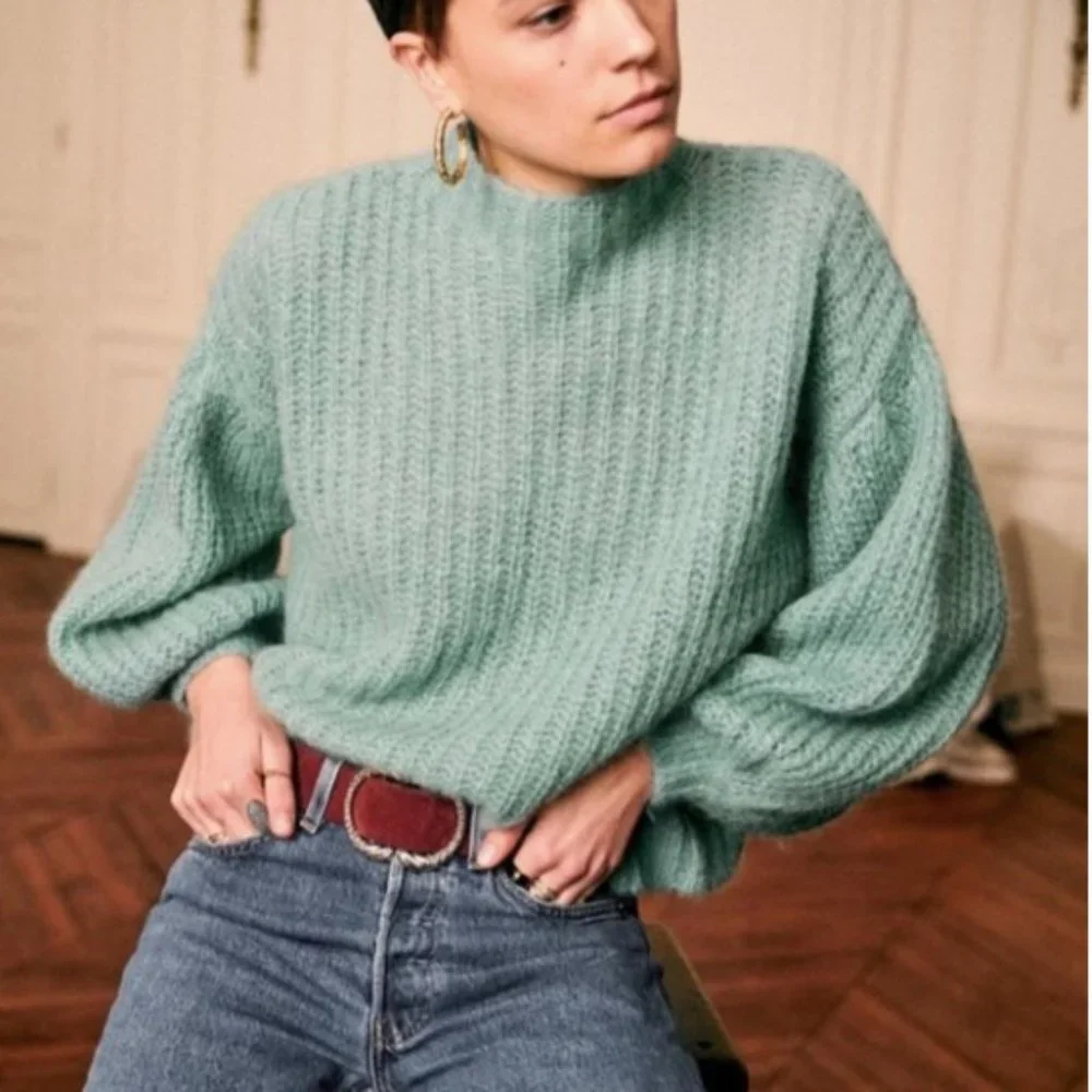 SEZANE Olric jumper sweater Alpaga Balloon Sleeves in Almond Green size S Small - Picture 1 of 9